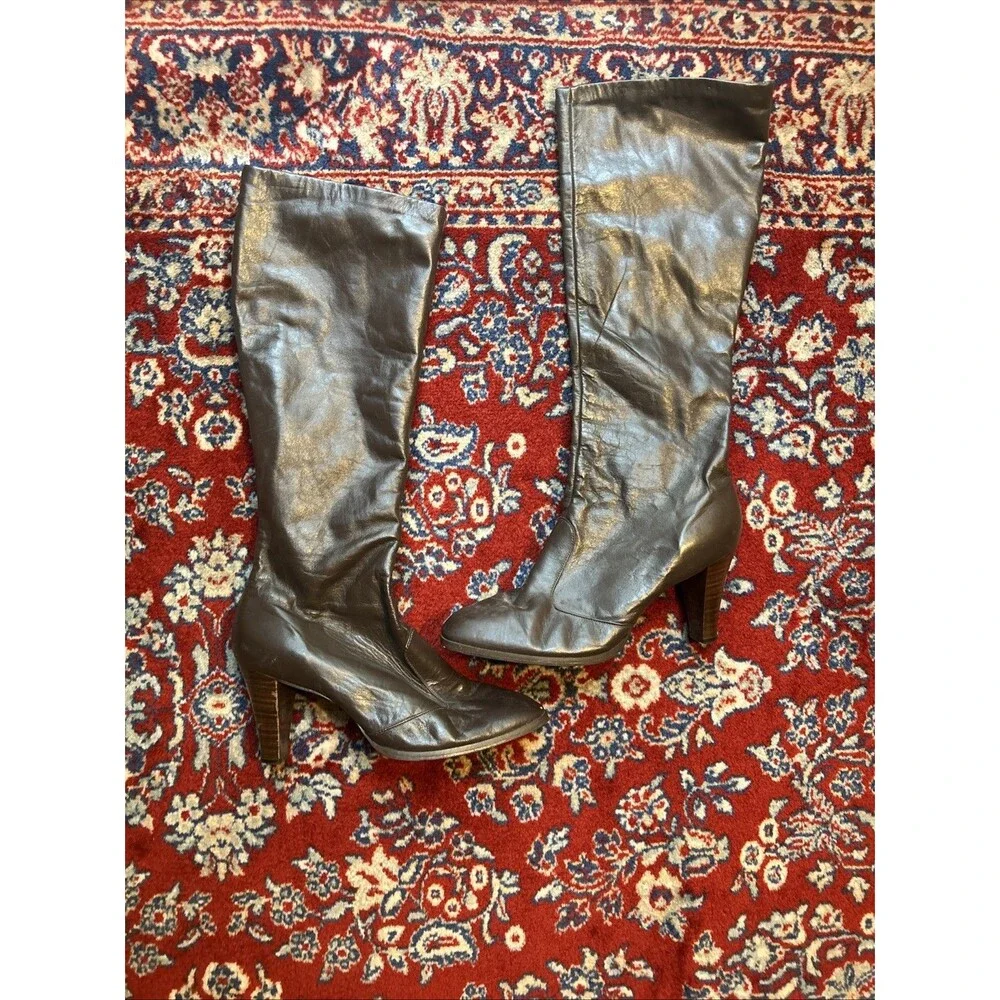 Vintage Joyce California Brown Leather Knee High Boots Block Heel